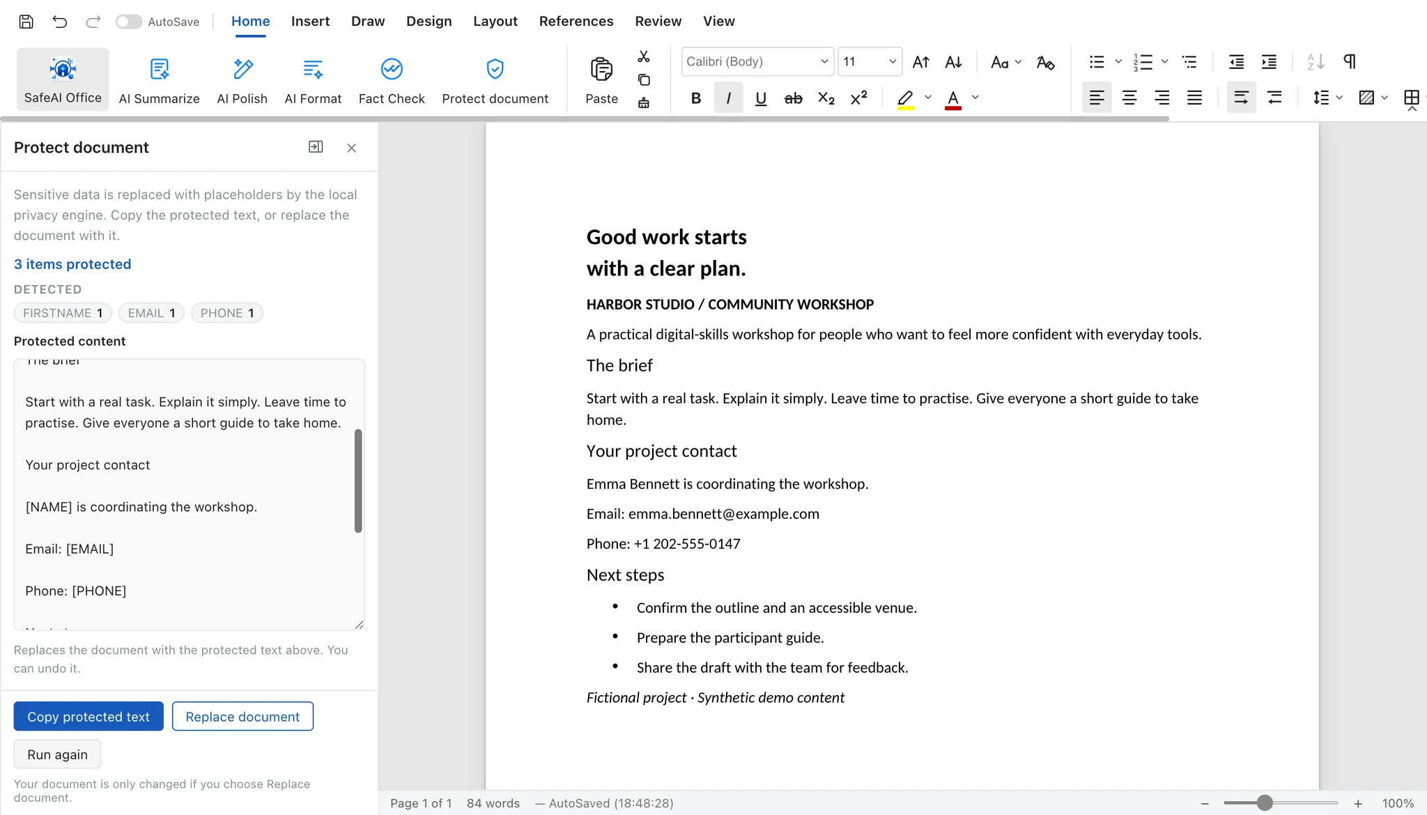 SafeAI Office Docs with a fictional workshop brief and the Protect document panel. A name, email and phone are replaced with readable placeholders in the local preview.
