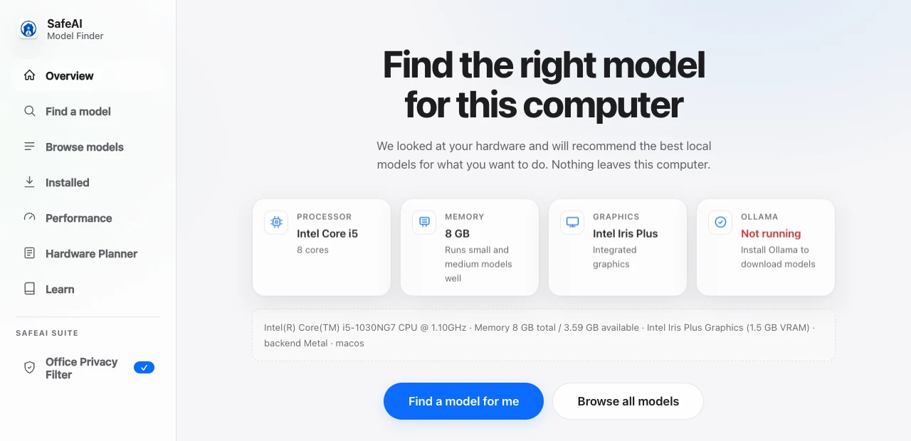 Real Model Finder hardware overview: Intel Core i5, 8 GB RAM, Intel Iris Plus graphics and 1.5 GB VRAM, with Find a model for me. Ollama is not running.
