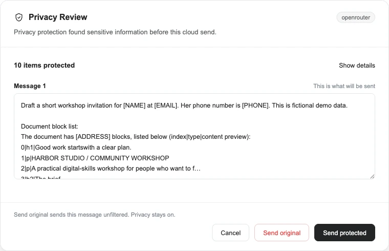 Real SafeAI Office Privacy Review before an OpenRouter request: fictional contact details are replaced by NAME, EMAIL and PHONE placeholders. Cancel, Send original and Send protected remain the user’s choices.