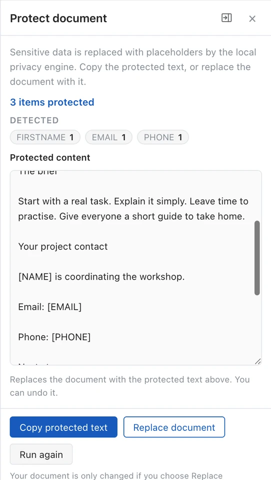 Close-up of the real Protect document panel: three items protected, readable name, email and phone placeholders, and Copy protected text and Replace document actions.