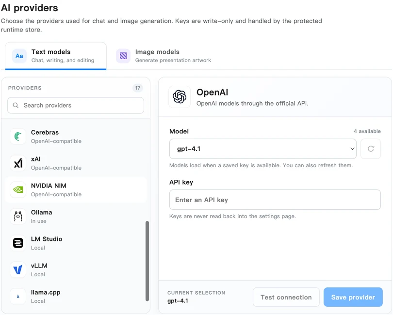 Real SafeAI Office provider settings showing OpenAI settings alongside a provider list with Ollama, LM Studio and other supported options.