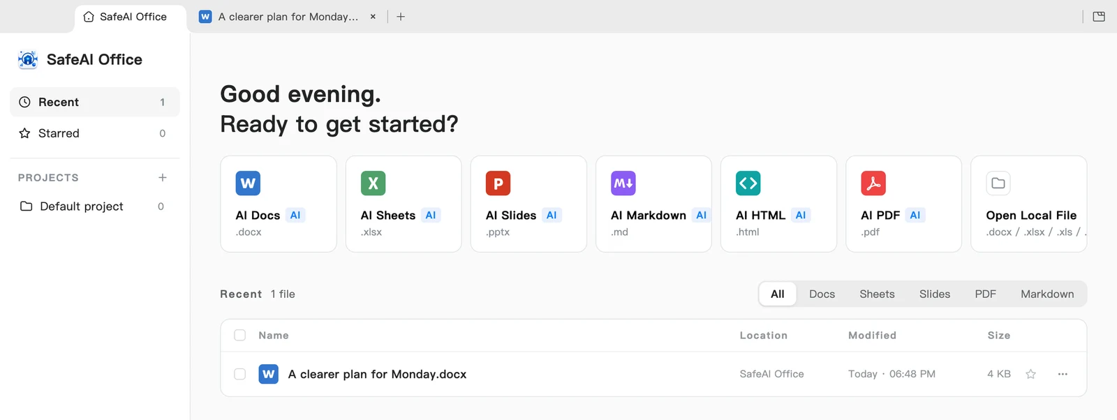 SafeAI Office home screen with Docs, Sheets, Slides, Markdown, HTML and PDF, captured in a clean demo profile.